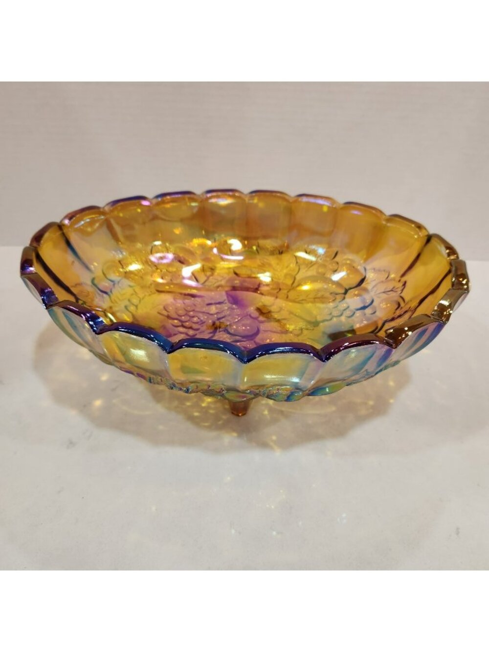 Vintage Indiana Carnival Glass Orange Iridescent Harvest Grape Oval Footed Bowl